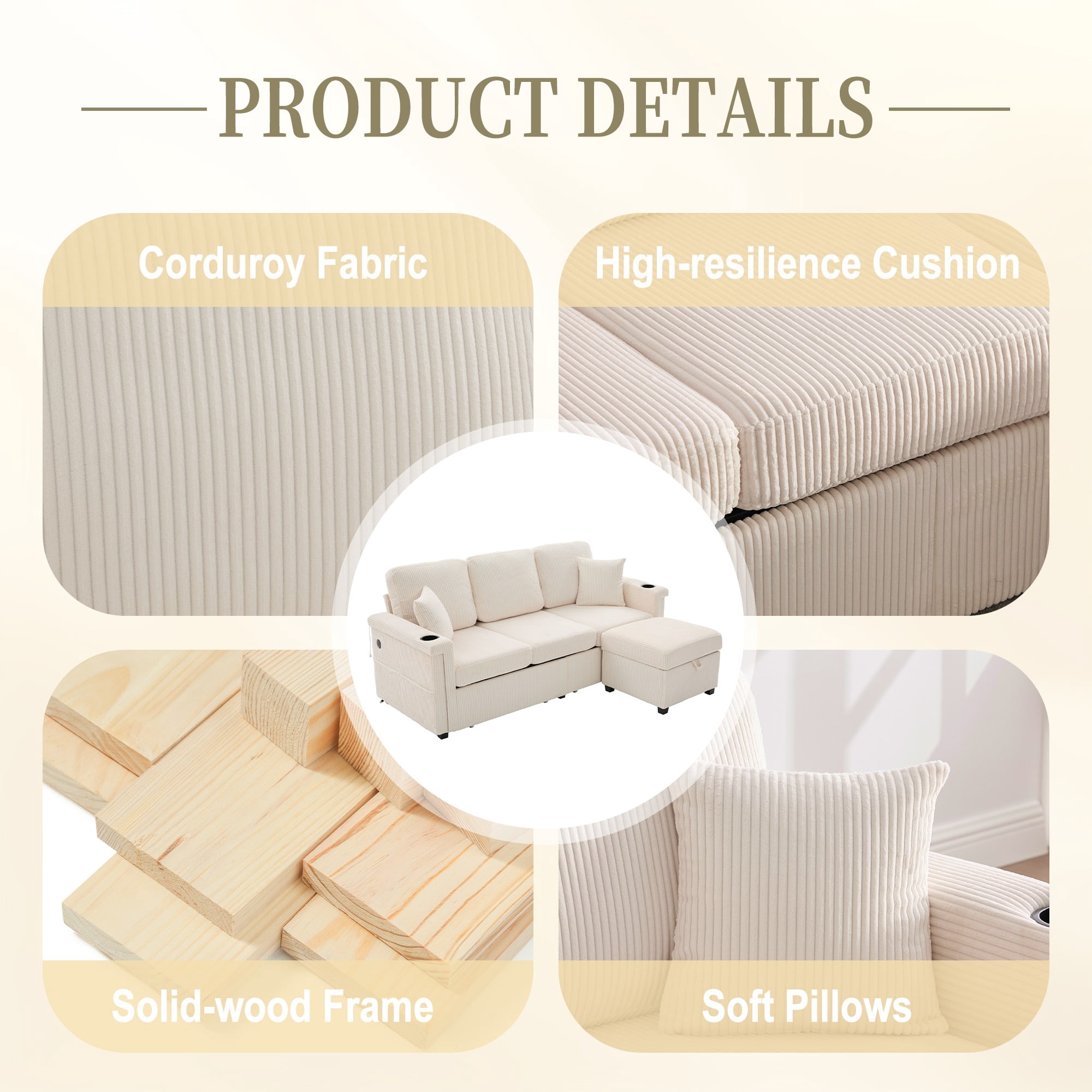 L-Shaped Sectional Sofa,Corduroy Convertible 3-Seat Sofa Couch with Pull-Out Storage,Ottoman for Living Room,Apartment,Beige