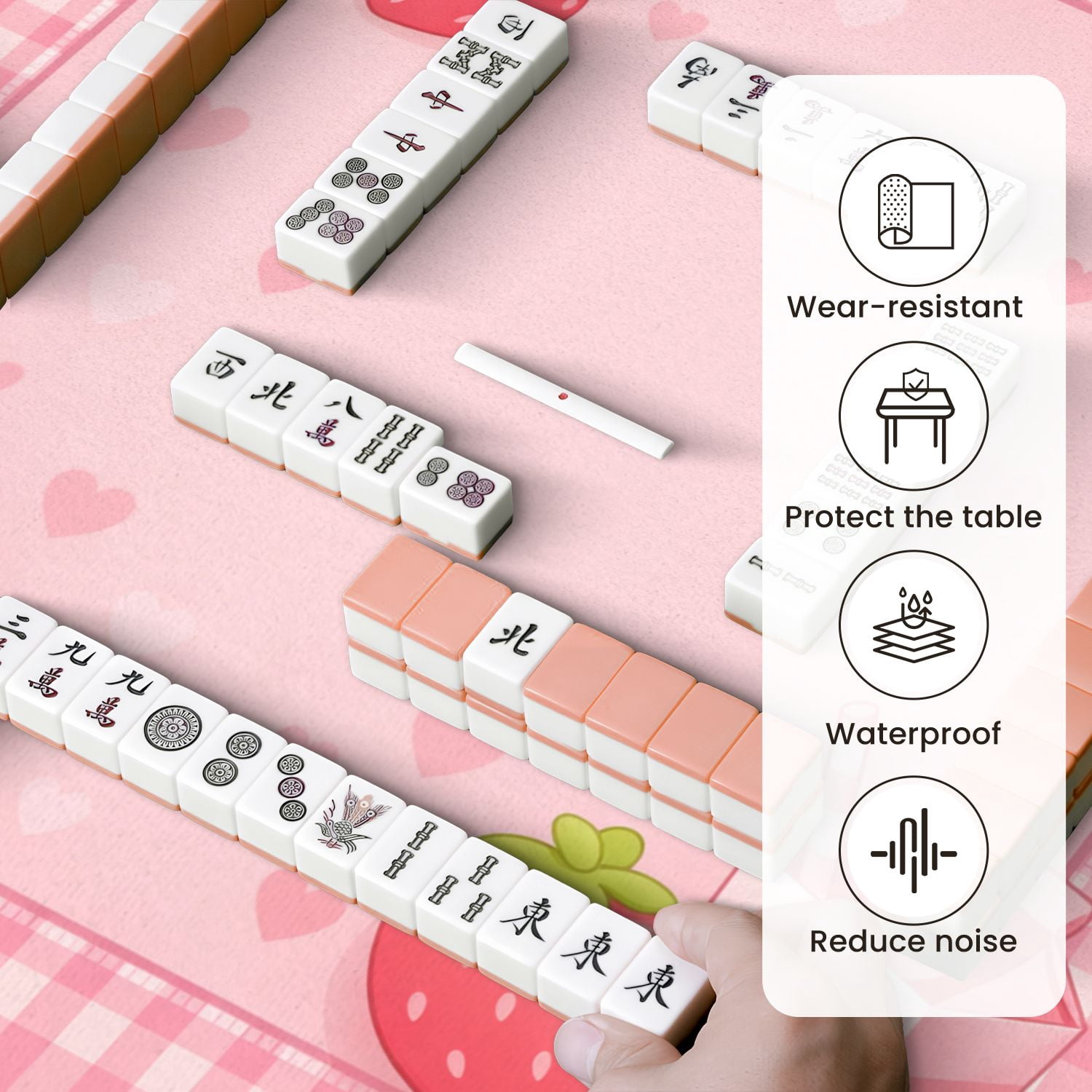 Mahjong Mat 31.5" x 31.5" Pink Strawberry Hearts Sweet Treats Non-Slip Noise Reduction Mahjong Tiles Table Cover for Dominoes Poker Card Board and Tile Games