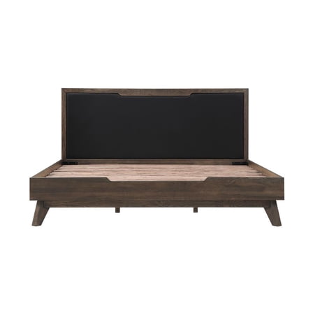 Armen Living Astoria King Platform Bed Frame in Oak with Black Faux Leather