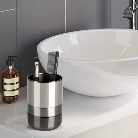 Triune 3-Tone Steel Bathroom Tumbler Cup | Decorative Rinse Cup,Drinking Glass,Toothbrush & Makeup Brush Holder for Vanity Countertops,Sink & Desk | Shiny/Brushed/Black nickel