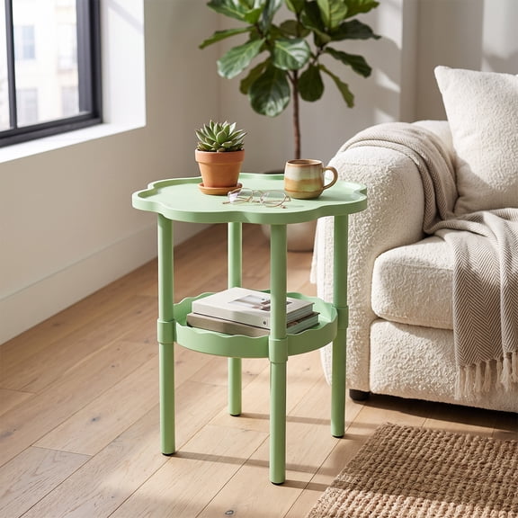 Flower Shape Small End Table, 2 Tier Modern Coffee Table with Lower Shelf, Plastic Small Bedside Nightstand for Living Room Bedroom Balcony Indoor Outdoor, #002-Green