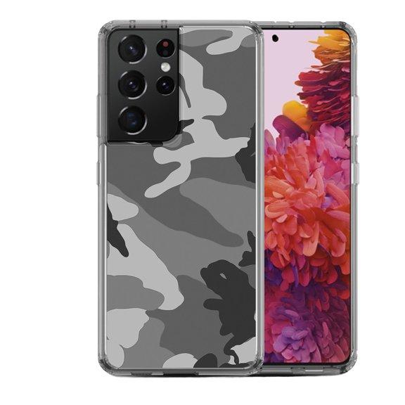 Shockproof Hybrid Bumper Phone Case for Samsung Galaxy S21 Ultra, by OneToughShield ® - Camo B/W