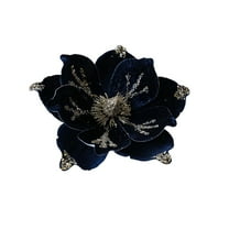 JeashCHAT Christmas Magnolia Flower, 9.44 Inch Velvet Artificial Glitter Poinsettia Flower for Christmas Tree Garland Wreath Decorations (Navy)