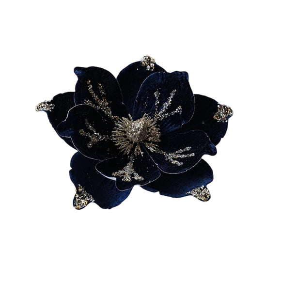 Navy Navy Blue Flocked Christmas Magnolia Artificial Flower For Luxury Home Decor Size 9.45 Inch