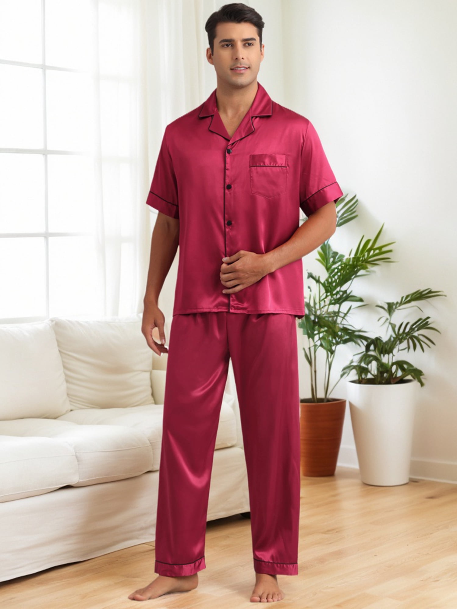 DARING DIVA Men's 2-Piece Pajama Set Button Down Short Sleeve Shirt Pants M Burgundy