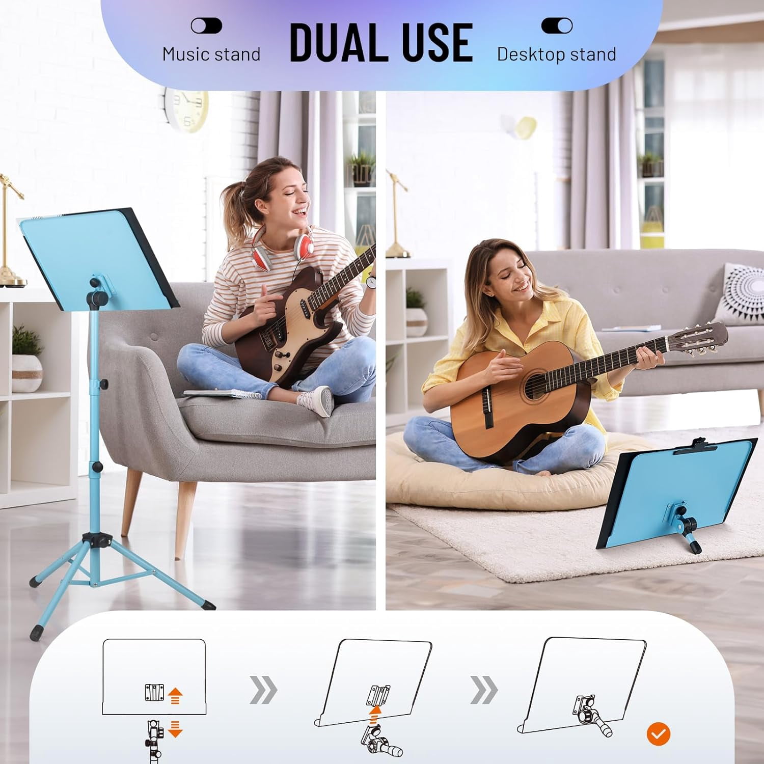 CAHAYA Sheet Music Stand & Tabletop Music Stand Solid Back with Carrying Bag for Books Notes Laptop Tablet Blue CY0194-3