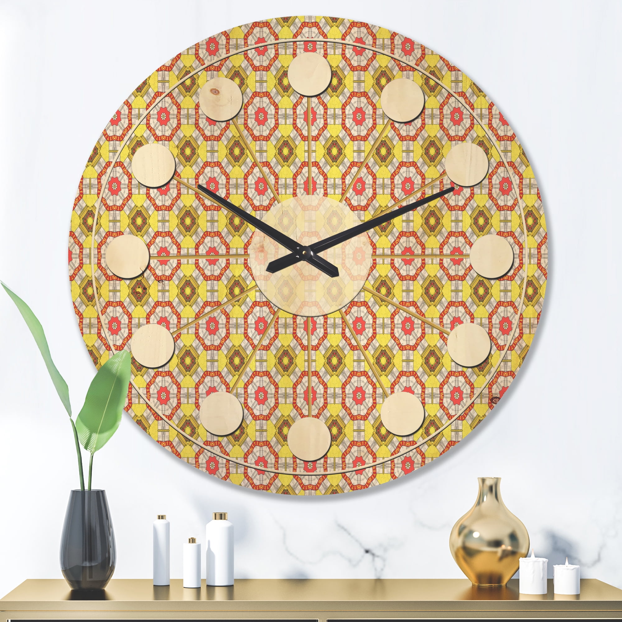 Designart 'Red and Yellow Retro Ethnic Kaleidoscope Design' Mid-Century Modern Wood Wall Clock