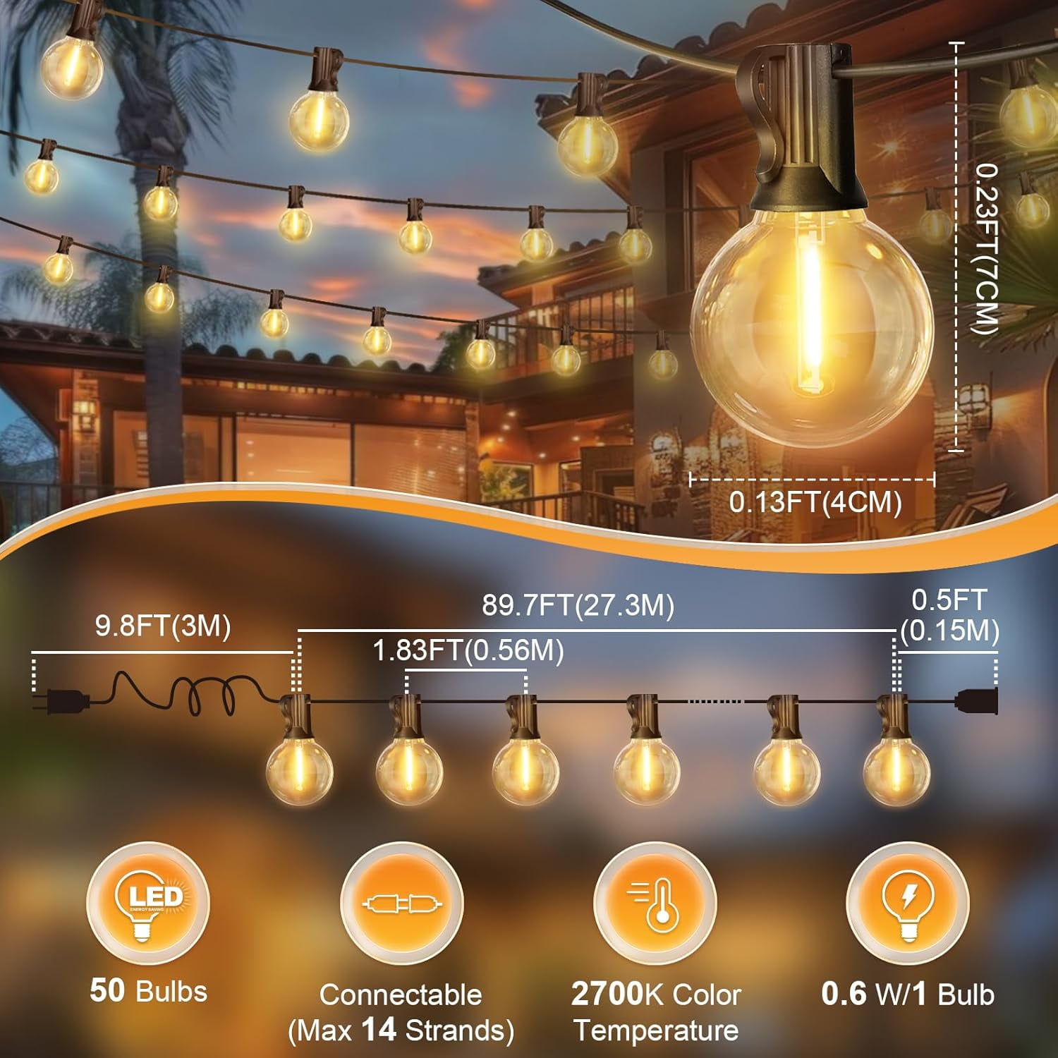 LED Outdoor String Light, 100 Feet Patio Lights with 50+2 Edison Shatterproof Bulbs(2 Spare), UL Waterproof Outside Lights connectable,Dimmable for Backyard Porch Decor