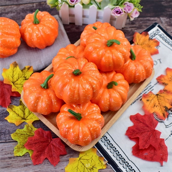 Zeeyh Artificial Pumpkins 12PCS Fake Pumpkins with 50PCS Lifelike Maple Leaves Faux Pumpkins Artificial Vegetables for Halloween Thanksgiving Decorations,Yellow Pumpkin