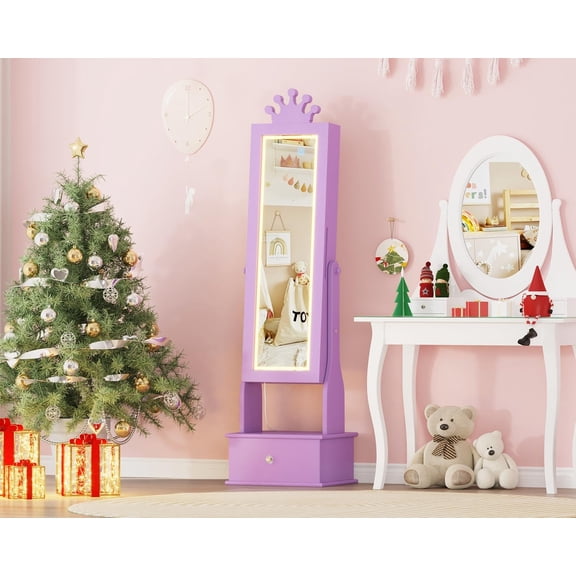 TROPOW Jewelry Armoire with Full-Length Mirror and LED Light, Child Jewelry Cabinet with 3 Storage Drawers, Freestanding Vanity Dress Up Mirror Organizer for Girls, Durable and Portable Design