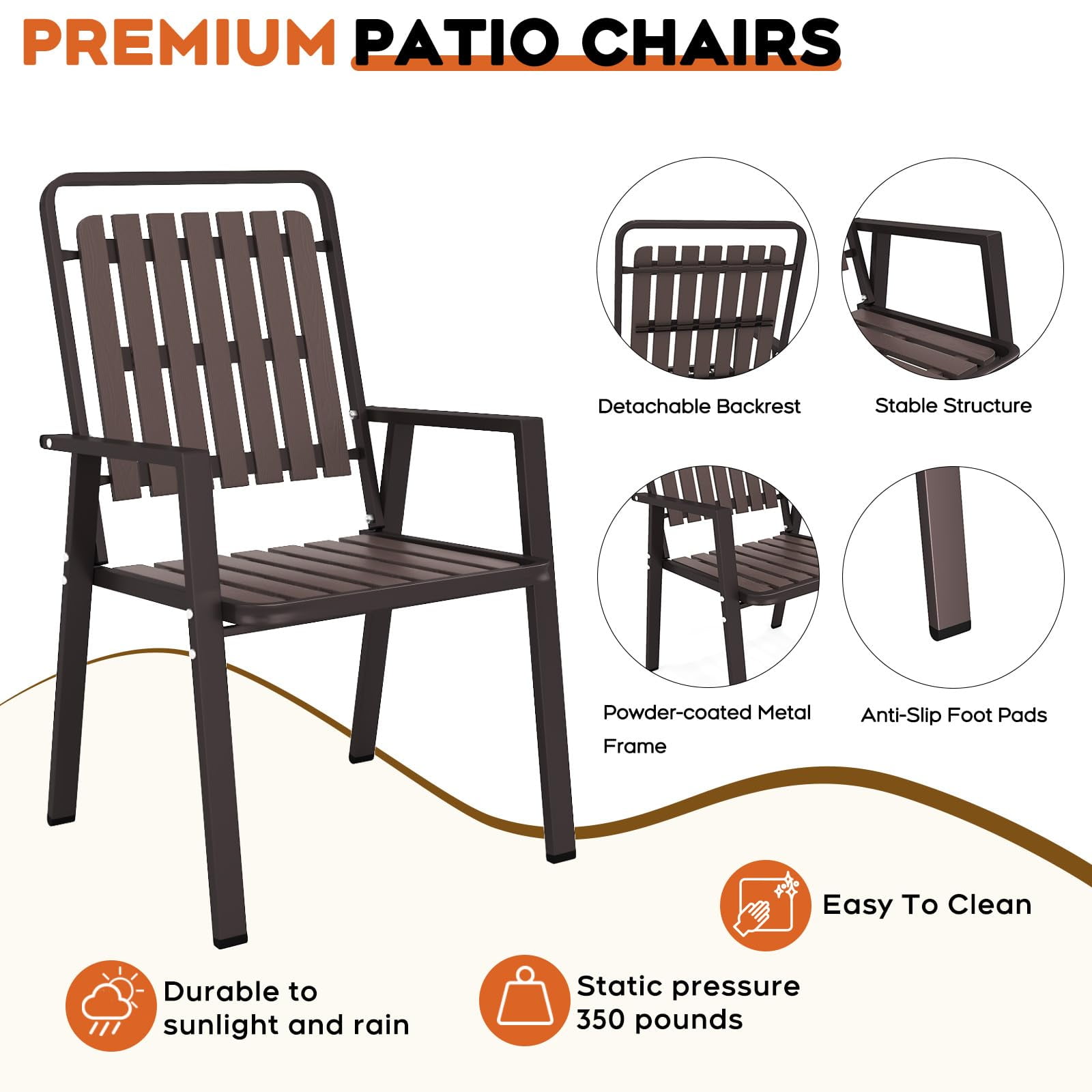 TQKVIPI Outdoor Patio Dining Chairs Set of 4, Outdoor Patio Chairs, Heavy Duty Metal Dining Chairs with Armrest for Balcony, Deck, Backyard, Lawn, Porch, Kitchen (Brown)