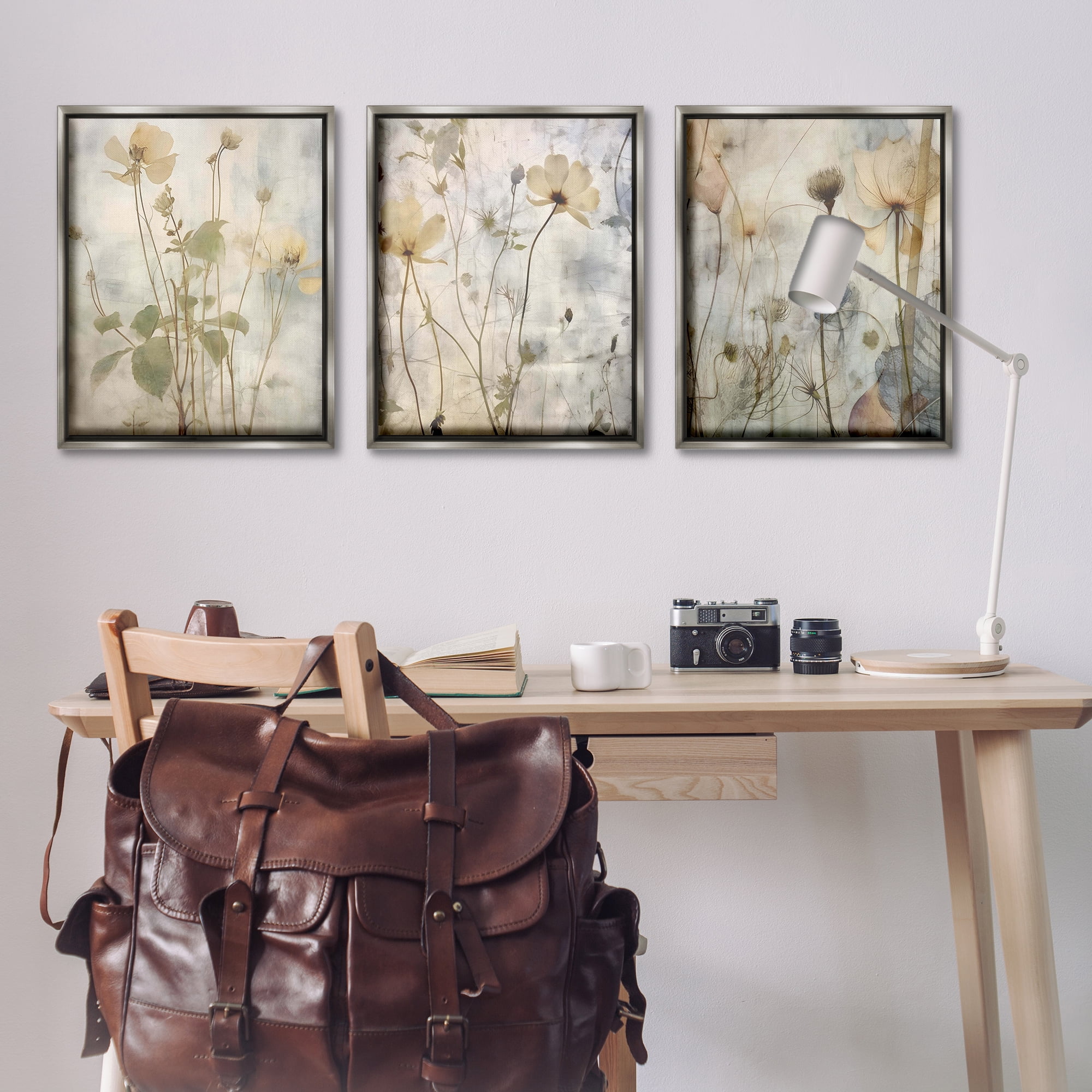 Stupell Industries Soft Blooming Botanicals Plants & Flowers Painting Gray Floater Framed Canvas Art Print Wall Art, 25 x 31, Set of 3