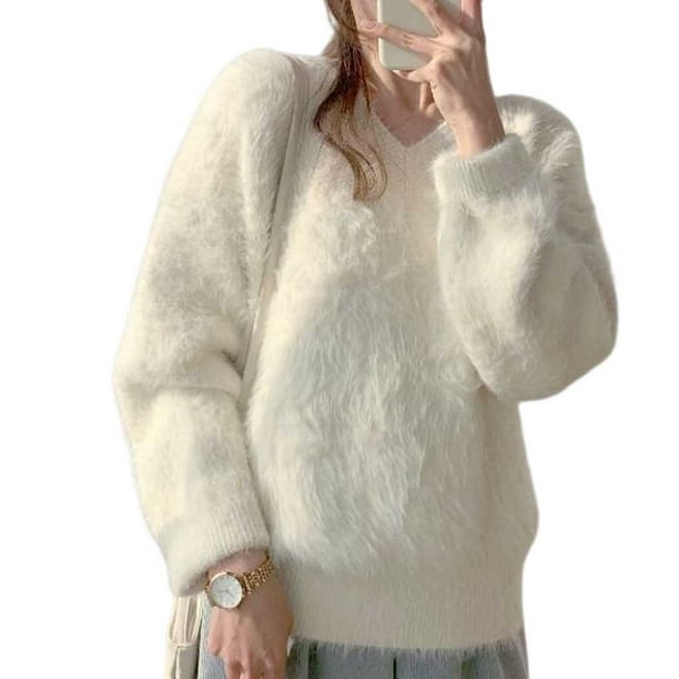 Minnieouse Sueter suelto con cuello en V para mujer sueter peludo de manga larga grueso de invierno jerseis de punto informales a la moda Prendas para la parte del cuerpo Blanco