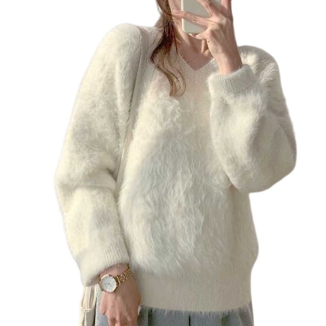 Minnieouse Suéter suelto con cuello en V para mujer, suéter peludo de manga larga grueso de invierno, jerséis de punto informales a la moda Prendas para la parte del cuerpo Blanco