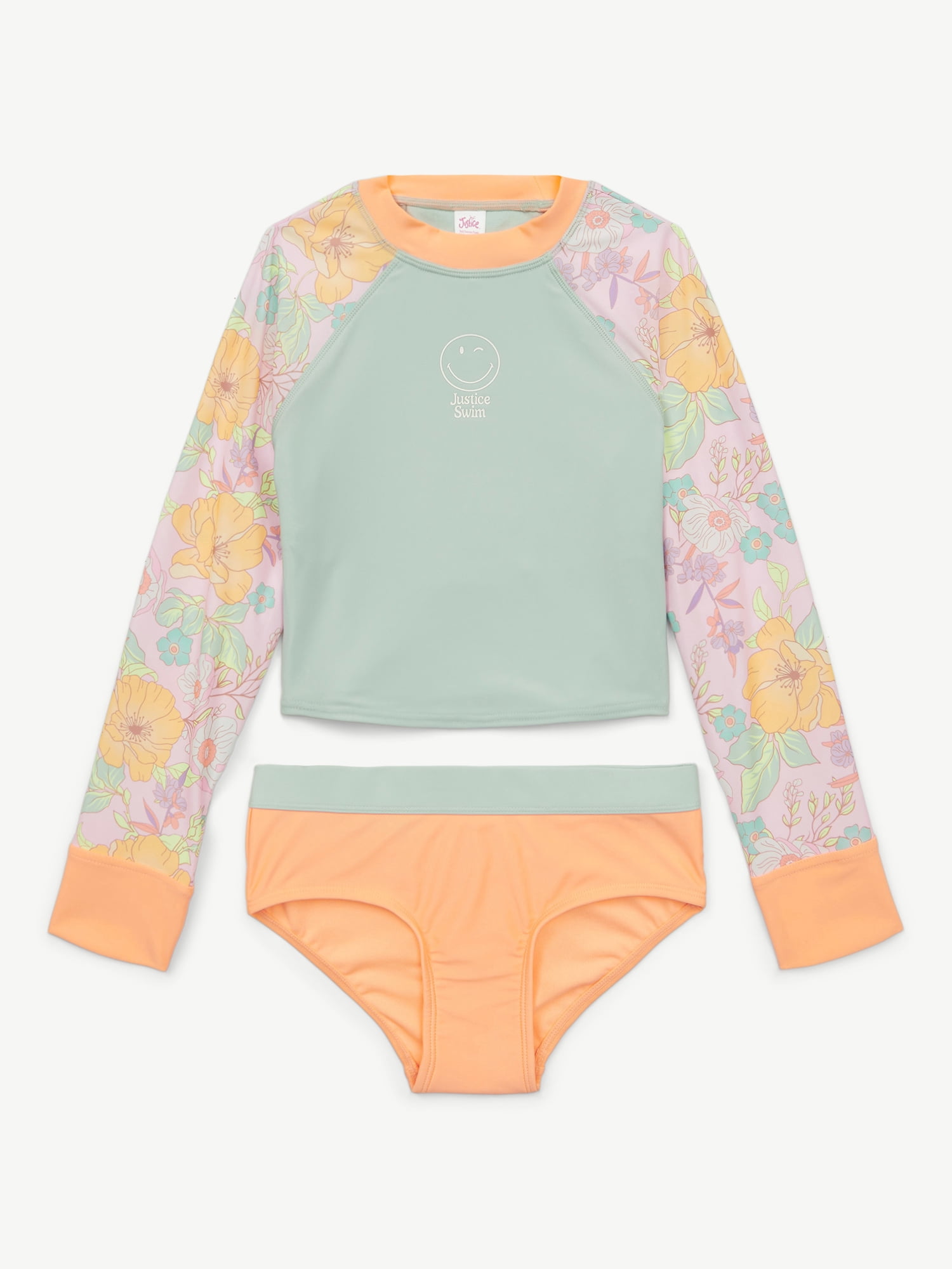 Justice Girls 2 Piece Long Sleeve Rashguard Swimsuit, Sizes XS-XL