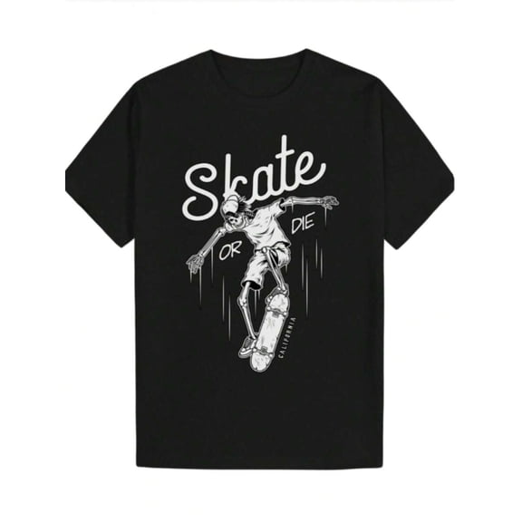 【New Arrival】Skate Or Die Skeleton Skateboard Graphic T-Shirt, Cotton Crew Neck Short Sleeve Tee, California Street Skate Punk Casual Wear Skater Gift
