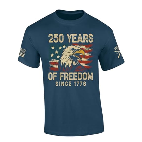 Patriot Pride Men's USA Eagle Distressed Flag 250 Years of Freedom Short Sleeve T-Shirt, Patriotic Shirts for Men, Blue Dusk-Small