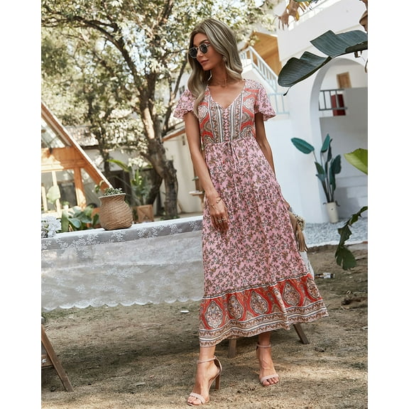 Multicolor Printed V Neck Half Button Bohemian Dress for Women