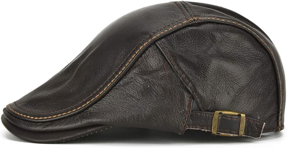 Men's Adjustable Genuine Leather Cowhide Cap Newsboy Hat Cabbie Beret Hat Driving Hunting Fishing Hat