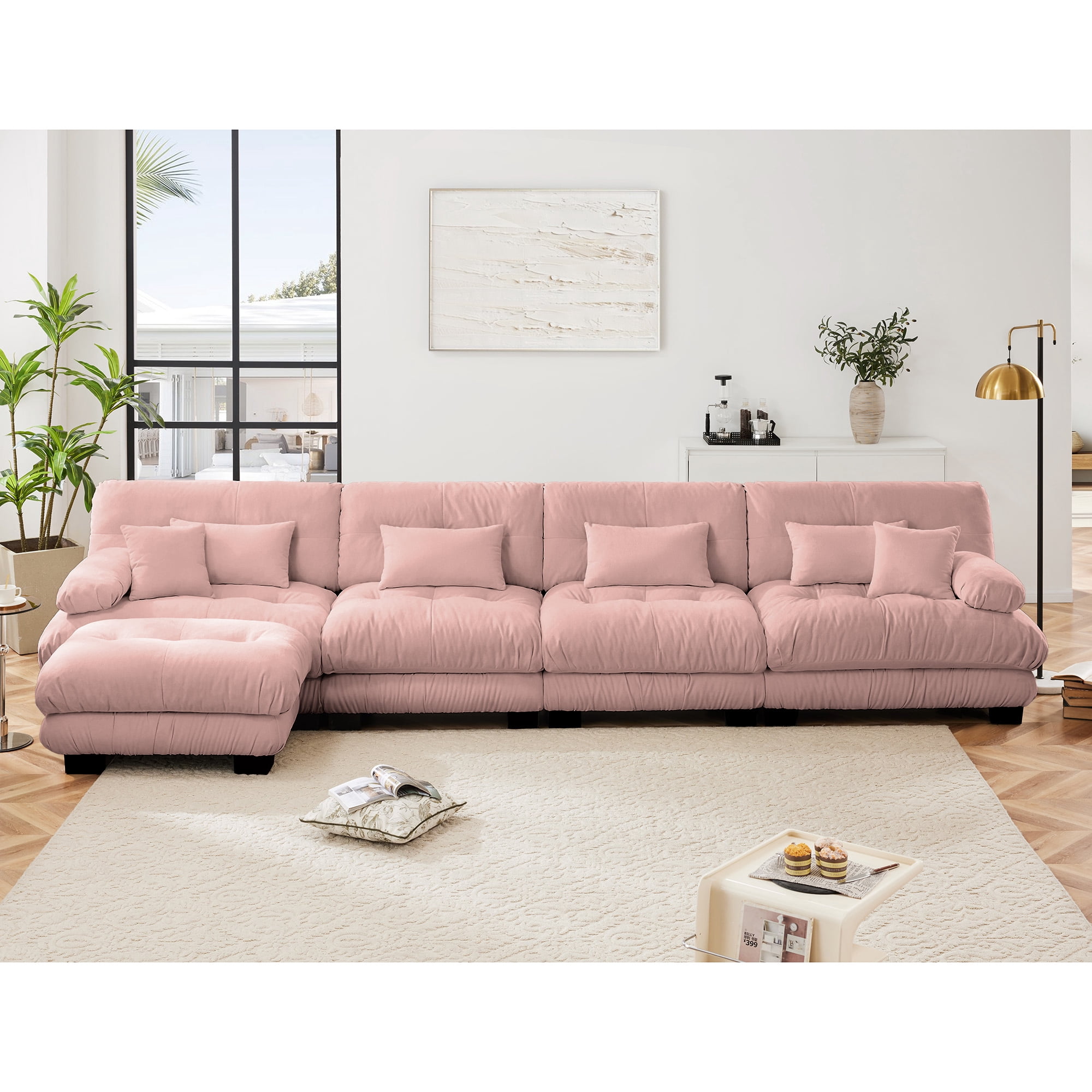 Gewnee Oversize Luxury Modular Pink Chenille Deep Seat 4-Seater Sectional Sofa Couch With 1 Convertible Ottoman,L Shaped Couch for Living Room