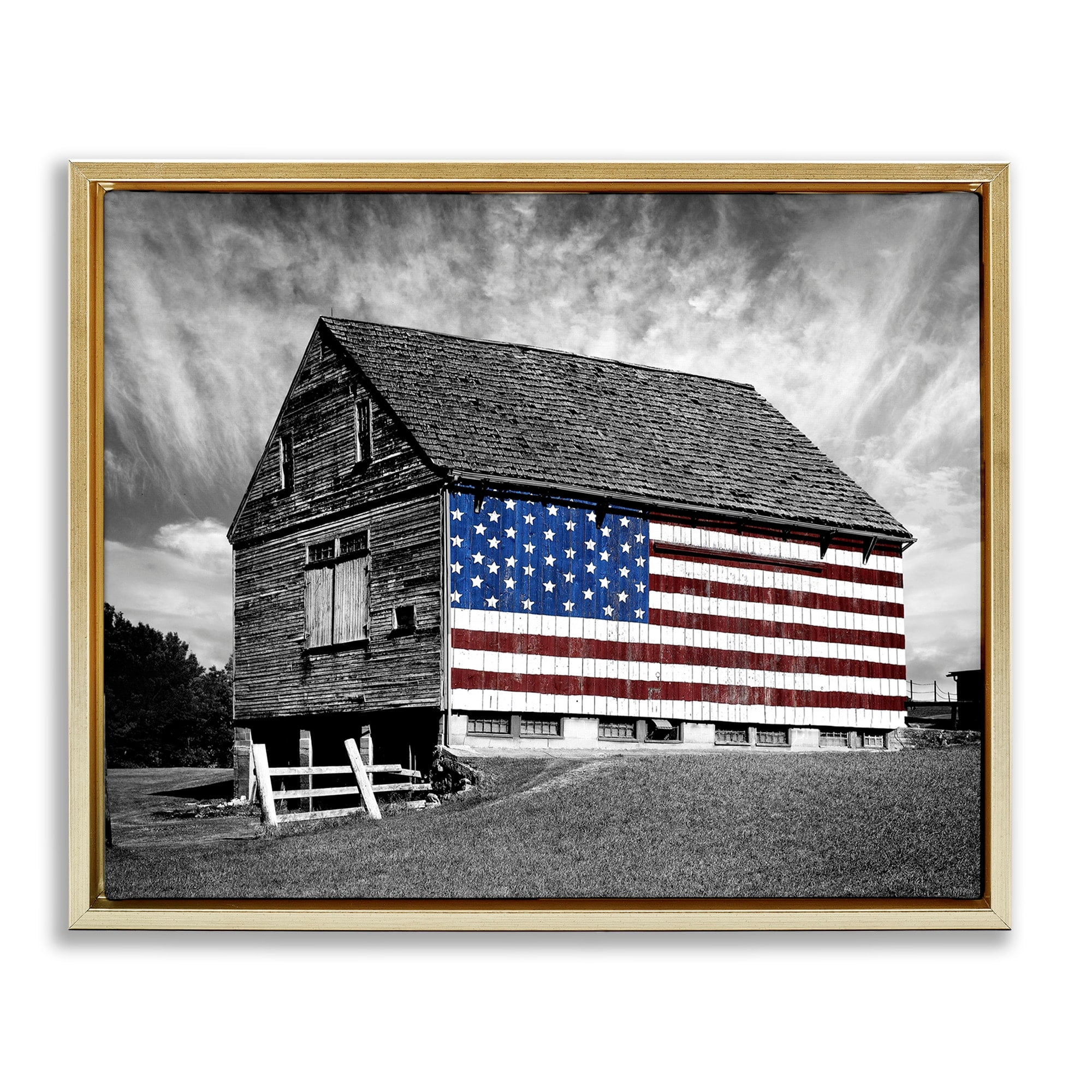 Stupell Industries Black and White Farmhouse Barn American Flag Metallic Gold Framed Floating Canvas Wall Art, 16x20, by James McLoughlin