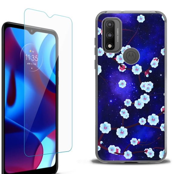 Slim-Fit Protective Phone Case (Black) compatible with Motorola Moto G Pure 5G, with Tempered Glass Screen Protector, by OneToughShield ® - Blossom Stars