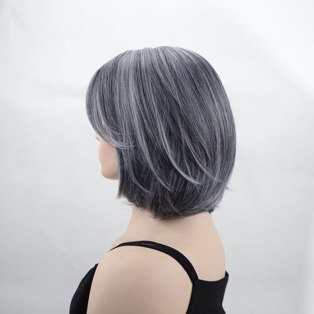 New Women's Short Straight Bob Wig with Curtain Bangs Gray Synthetic Hairpiece
