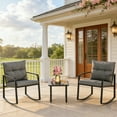 thumbnail image 3 of Lofka 3-Piece Outdoor Rocking Patio Furniture Set, Weather-Resistant Iron Frame with Tempered Glass Table & Cushions for Garden Poolside, 3 of 15