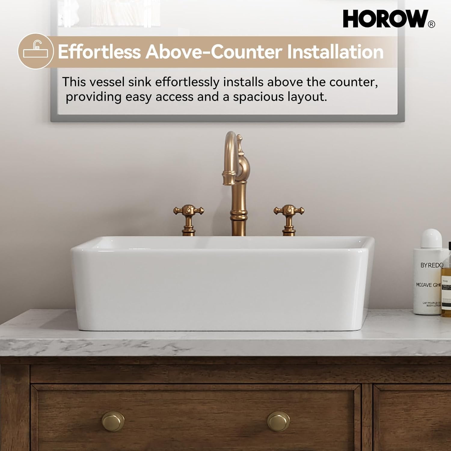 HOROW Rectangular Vessel Sink, 19'' X 15'' White Bathroom Sinks Above Counter Rectangle Ceramic