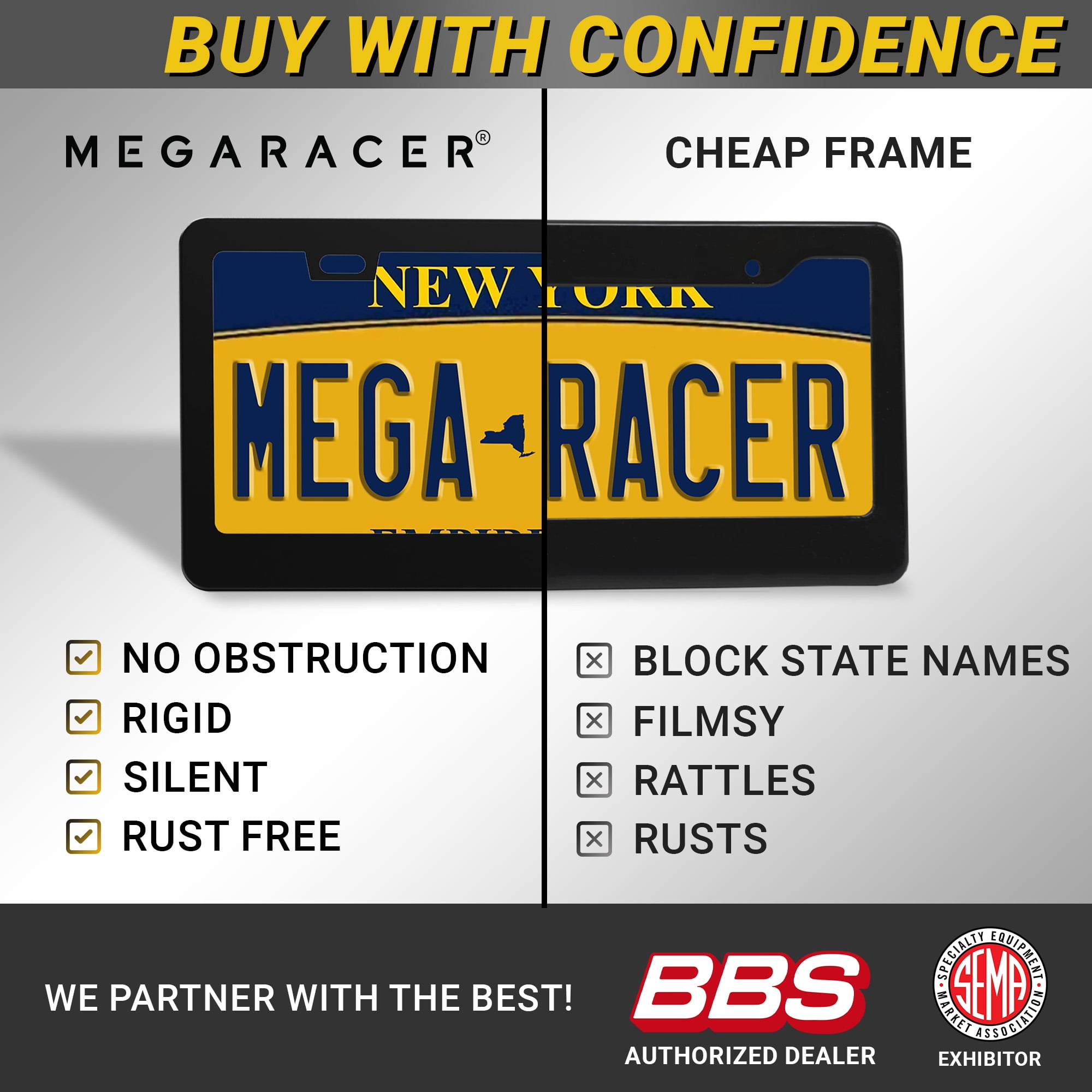 Mega Racer Matte Black License Plate Frame (2 Pack) – Stainless Steel, Rattle-Free, Rust-Resistant, Slim Top Wide Bottom Design, Front & Rear Plate Holder with Black Screw Caps