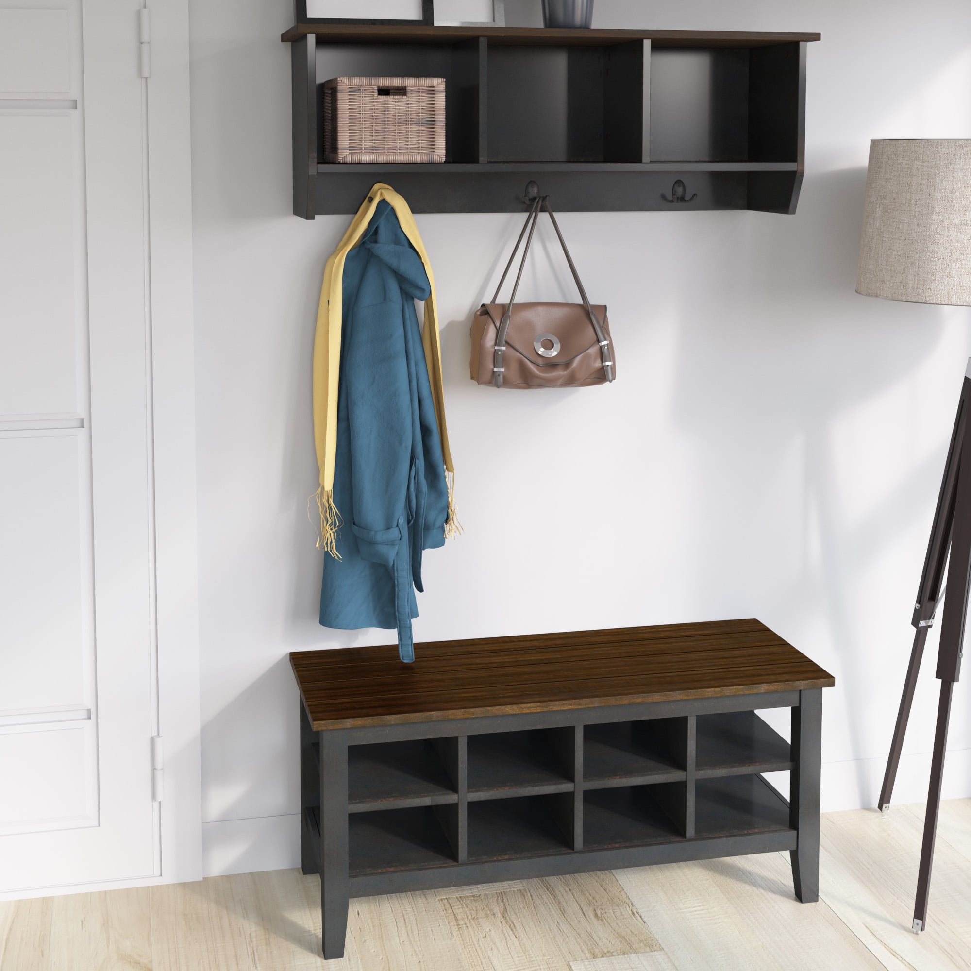 Twin Star Home™ 6 Hook Hanging Hall Tree with Storage Cubbies, Black