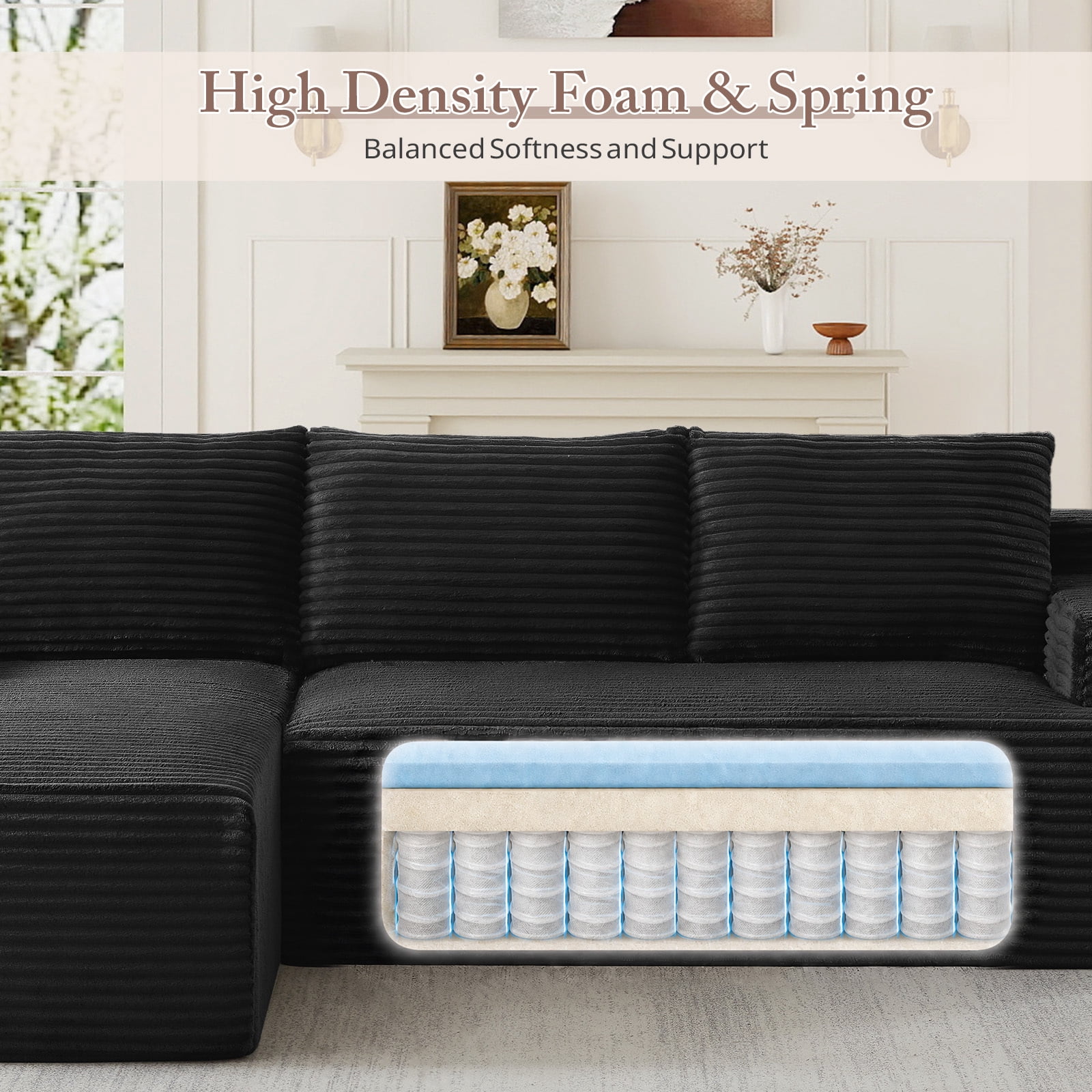 Muumblus L-Shaped Modular Sectional Sofa with Chaise, Boneless Deep Seat Cloud Couch, No Assembly Corduroy Sleeper Sofa for Living Room, Black（Left Facing Chaise）