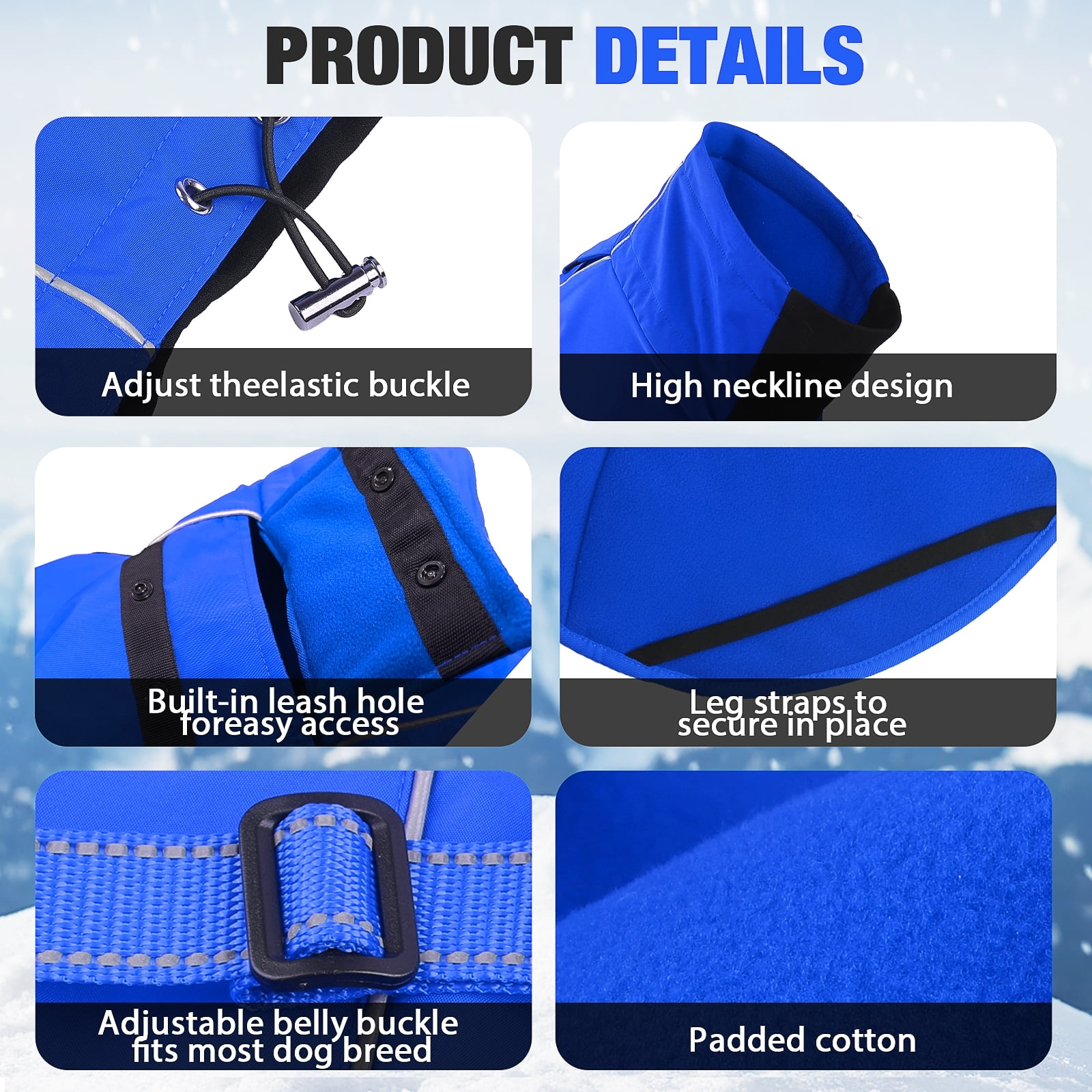 MASBRILL Dog Winter Coat , Waterproof Turtleneck Fleece Jacket with Harnsss for Small to Large Dogs, Warm Reflective Christmas Gift Dog Vest Pet Apparel, Blue