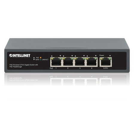 Intellinet PoE-Powered 5-Port Gigabit Switch With PoE Passthrough | 65 W PoE Budget, Fanless, Desktop, Wall-mount | NDAA-compliant