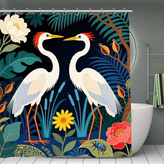 Chinoiserie Birds Flowers Print Shower Curtain,Modern Fabric Waterproof Shower Curtain Set with Hooks 70.8×70.8Inch (180×180cm)