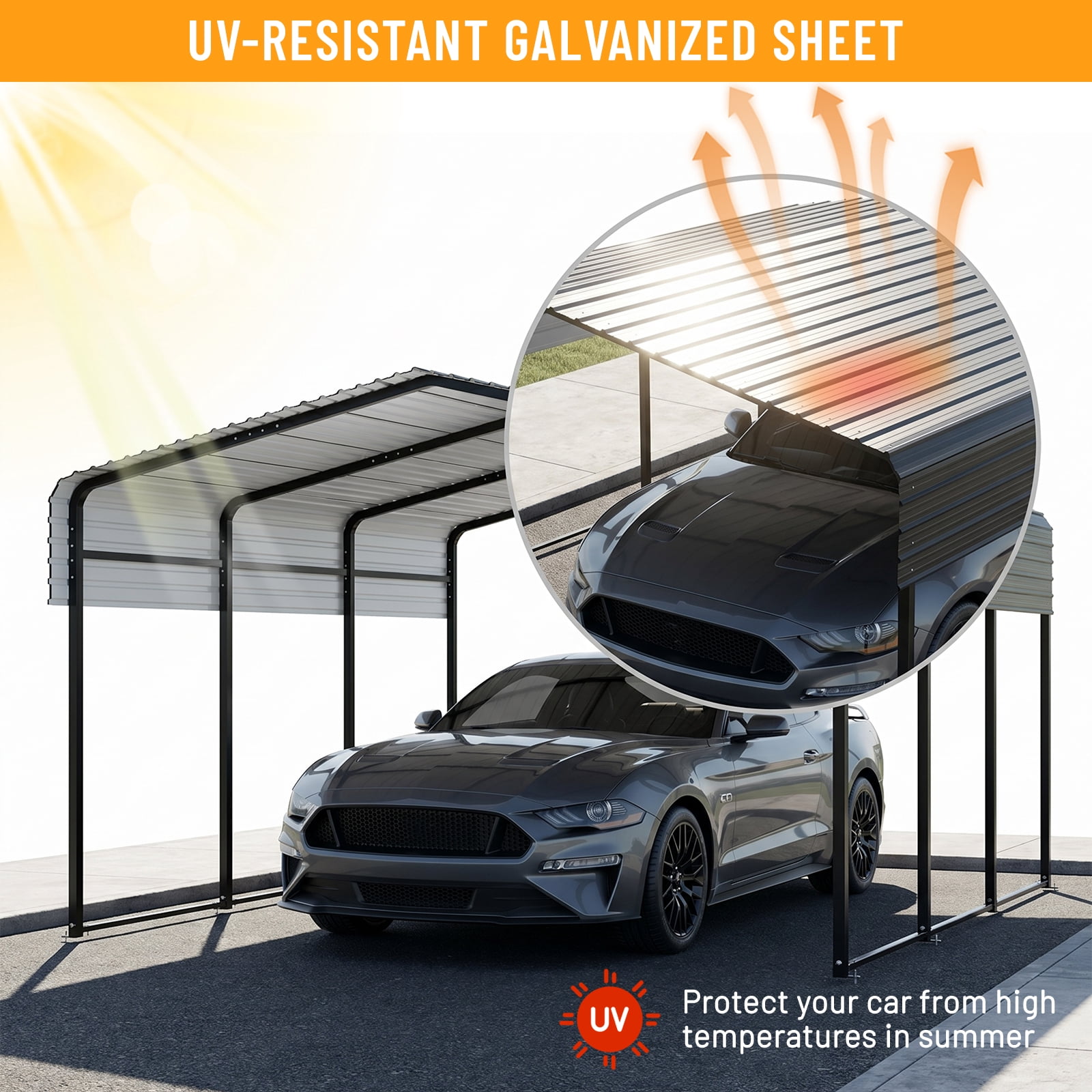 SnugNiture 10x15FT Heavy Duty Metal Carport, Galvanized Steel Frame & Roof, Reinforced Base Outdoor Shelter for Cars, Boats