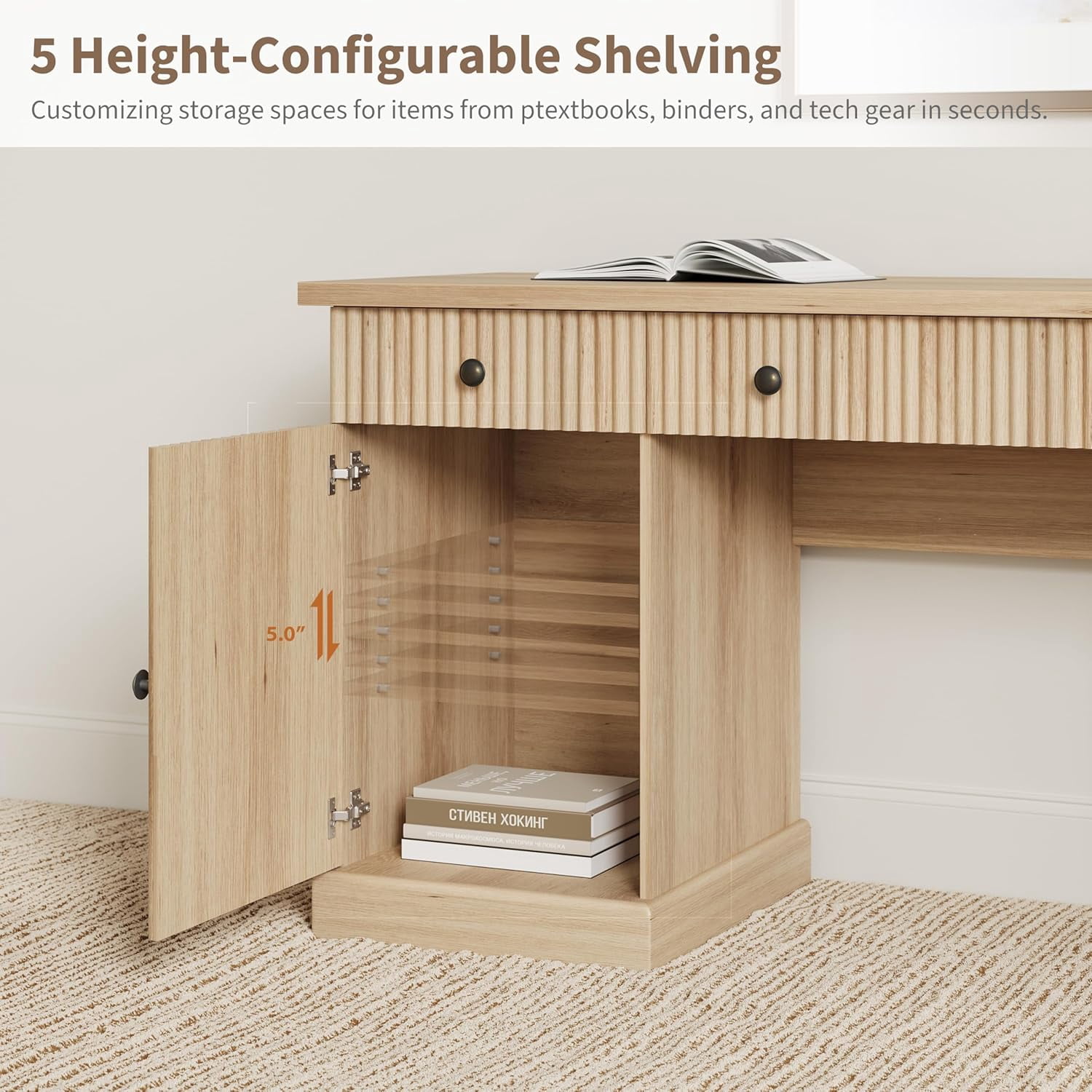 Fluted Home Office Desk Storage, 60 in Modern Executive Desk with Charging Station, Wooden Computer Writing Desk with File Cabinet & Drawers for Study, Living Room, Bedroom-Burlywood