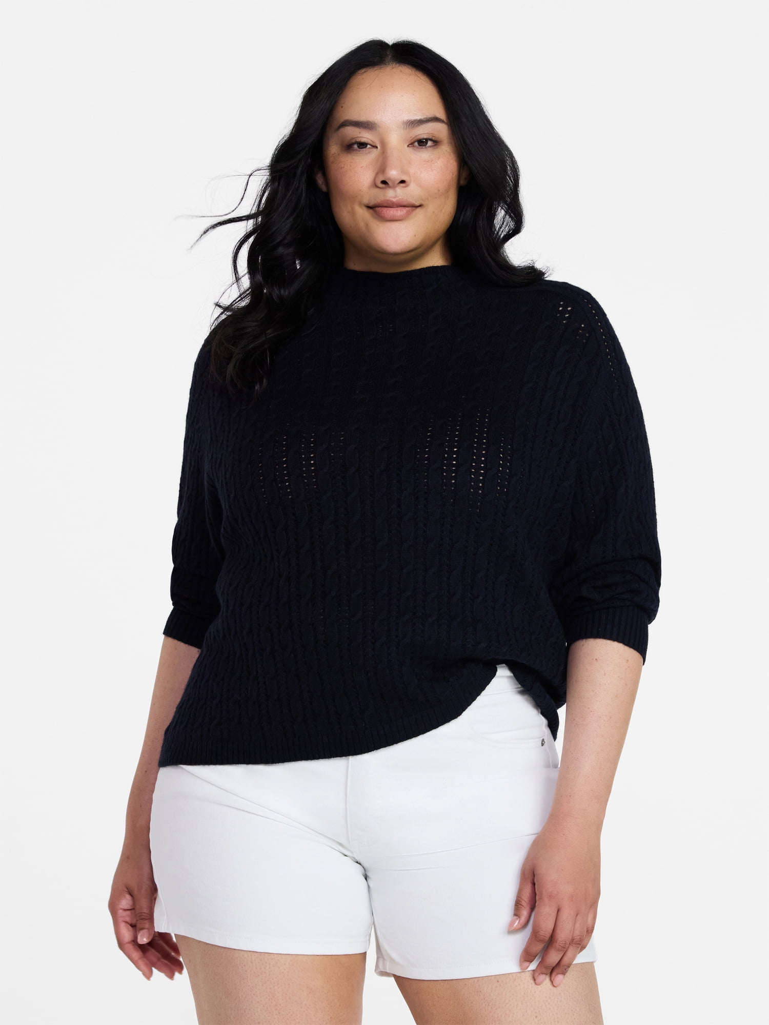 Time and Tru Women's Pointelle Mock Neck Pullover Sweater with Long Sleeves, Lightweight, Sizes XS-XXXL