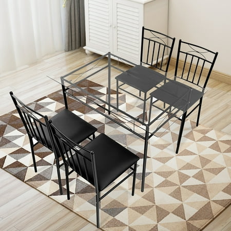 Glass Top Wooden Dining Table Top Knobs 5 Piece Dining Table Set Modern Glass Top Padded Seat Dining Table and Chairs Set Home Kitchen Dining Room Furniture, Black ()