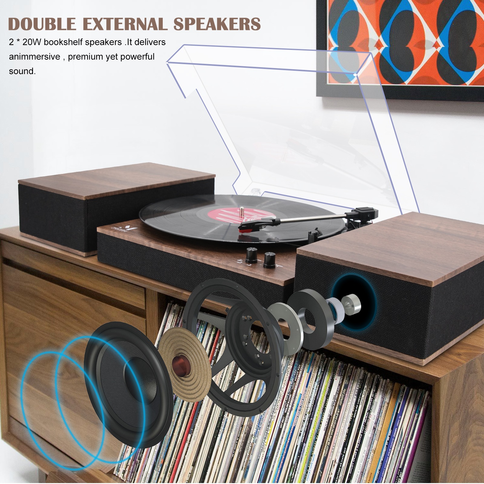 MPK Bluetooth Record Player,Turntable HiFi System with Bookshelf