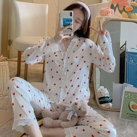 

PIKADINGNIS New Lace V-neck Pajamas Spring Autumn Womens Satin Long Sleeve Pajamas Set Loose Adult Silk Women Sleepwear Set Soft Pajama Set