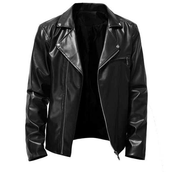 Dvkptbk Men's Casual Short Leather Jacket Lapel Pocket Zipper Leather Jacket Solid Color Long-sleeved Slim Leather Jacket