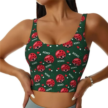 Qokaie Ladybugs In Love Pattern Womens Scoop Neck Sports Bra Breathable Workout Vest Padded U Back Medium Impact Fitness Gym Yoga Bra Workout Crop Top-XX-Large