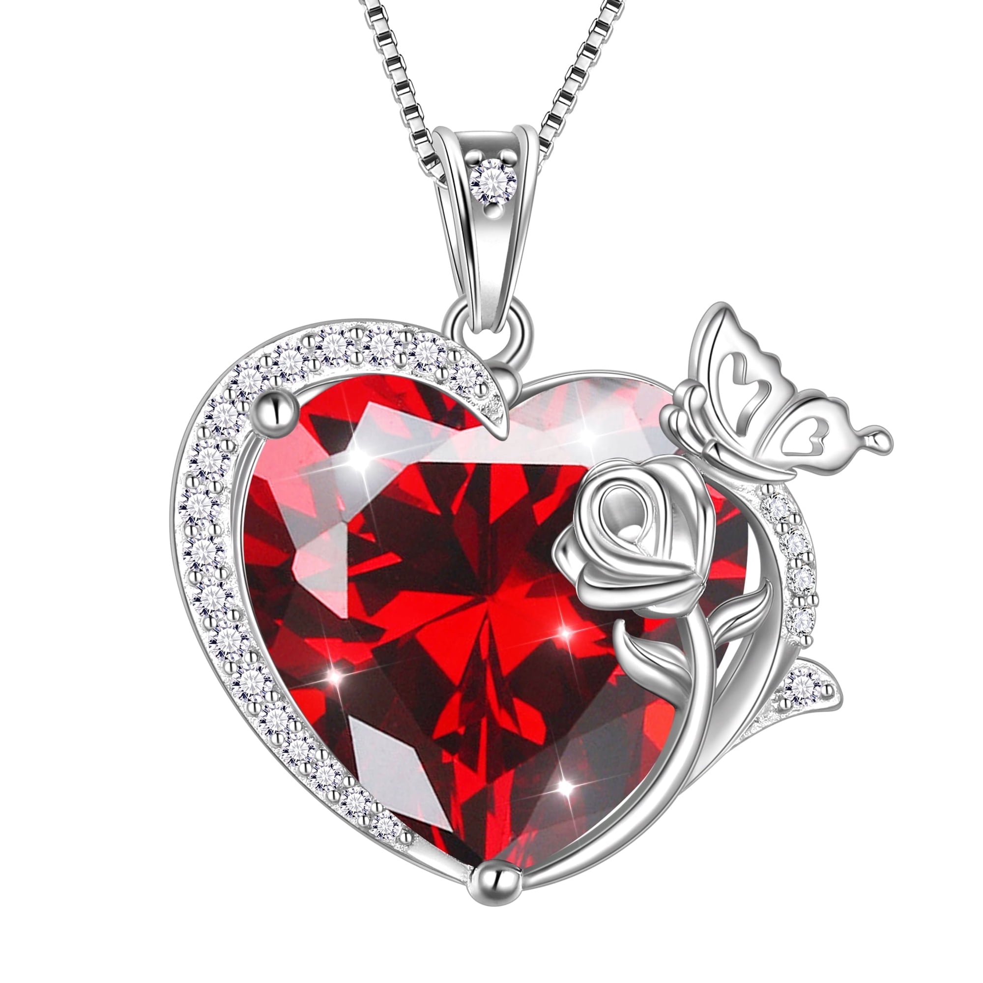 Juwaliy Women Heart Necklace Butterfly Rose Flower Pendant January Birthstone Garnet Red 925 Sterling Silver Jewelry Wife Mother Valentine's Day Gifts