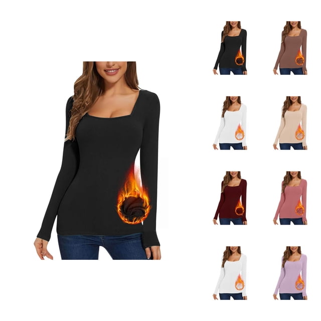 Hauts à Manches Longues pour Femmes 2026 Automne Hiver Col Carré Uni Ajusté Respirant T-Shirt