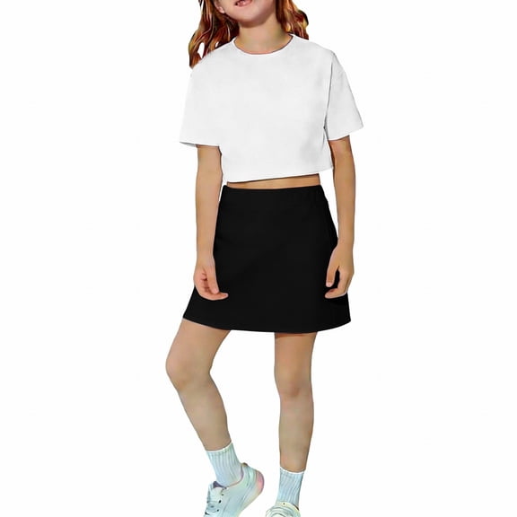 Girls' Solid Color Athletic Skort with Built-In Shorts, Elastic Waist Skirt with Side Pockets for Tennis, Yoga, Running, and Casual Daily Wear, Ideal for Sports, School, Play - Black