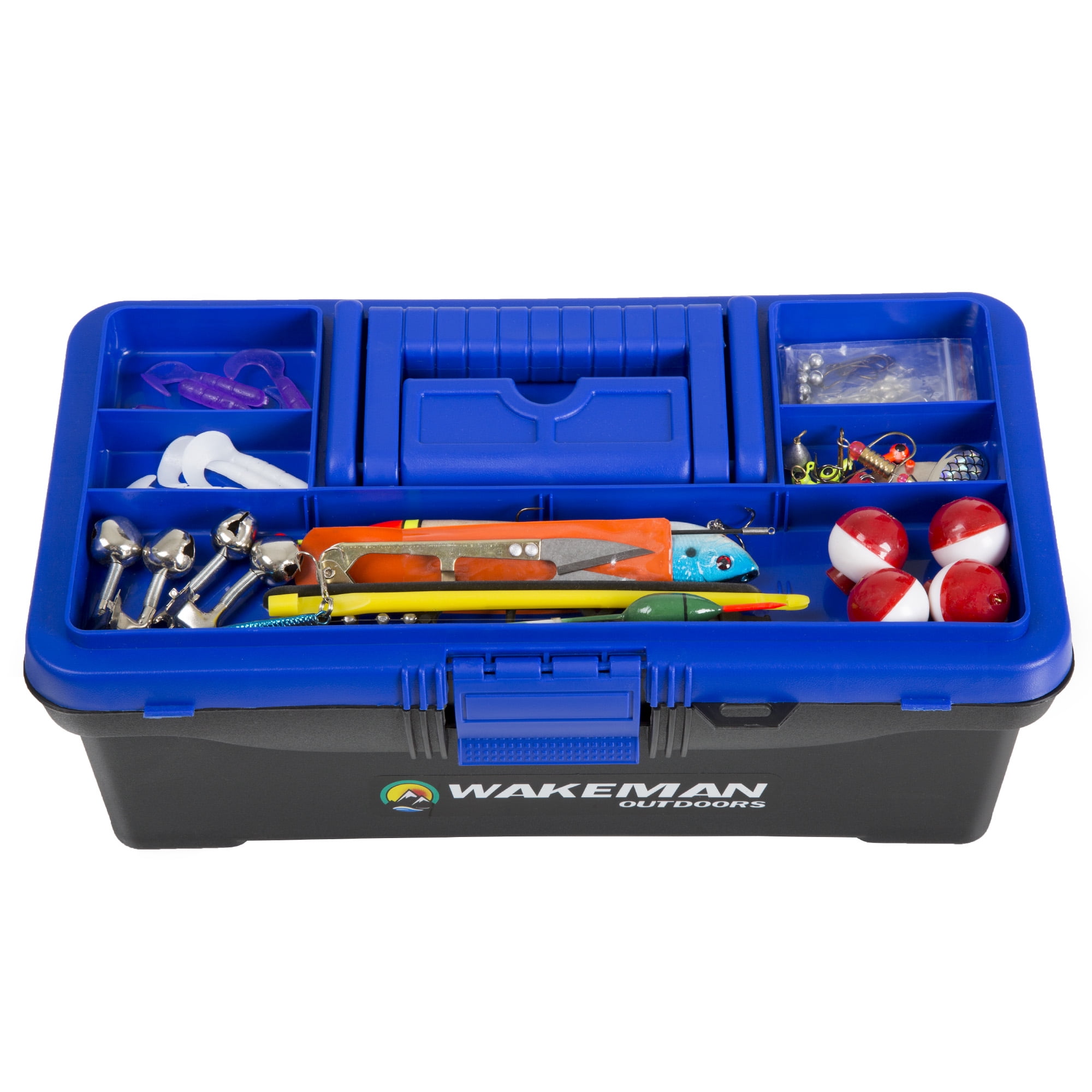 Wakeman Outdoors Fishing Single Tray Tackle Box with 55 Pieces, Medium, Blue / Black