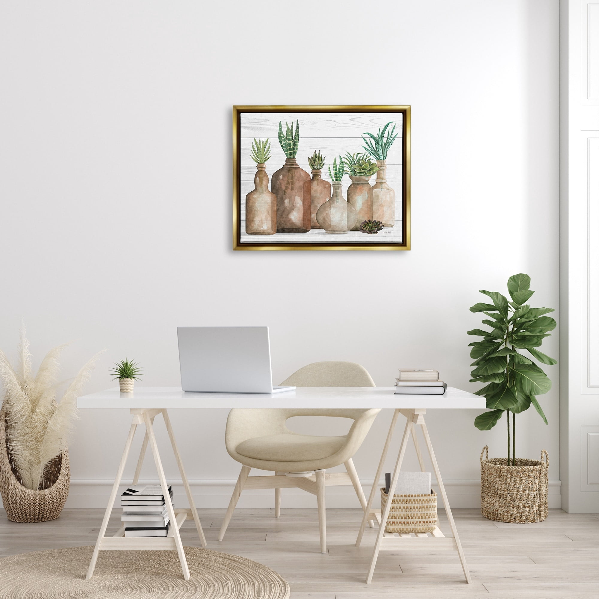Stupell Industries Various Succulents Plants Vases Jars Striped Leaves Graphic Art Metallic Gold Floating Framed Canvas Print Wall Art, Design by Cindy Jacobs