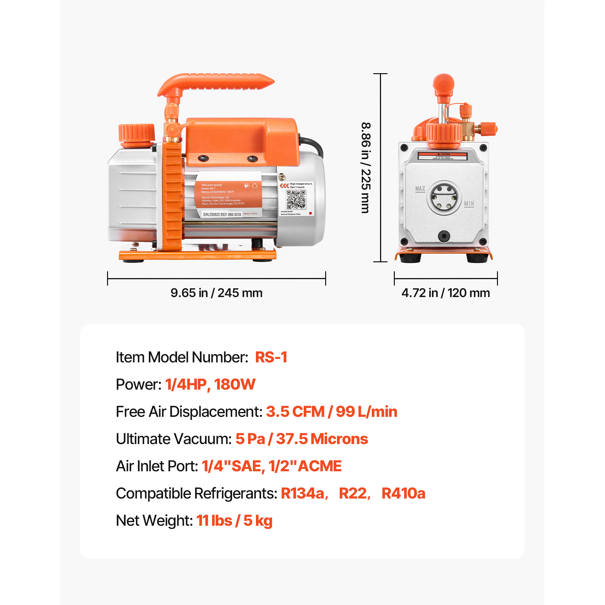 KFFKFF 3.5 CFM 1/4 HP Single Stage Rotary Vane Vacuum Pump, Ideal for HVAC Systems, Automotive AC Maintenance, and Resin Degassing, Compatible with R134a R22 R410a, Includes Oil