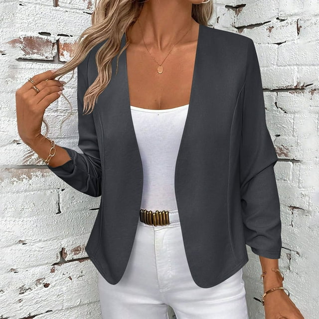 Pincandy Women's Casual Lightweight Jackets Ruched 3/4 Sleeve Open Front Work Office Blazer Suit Jacket